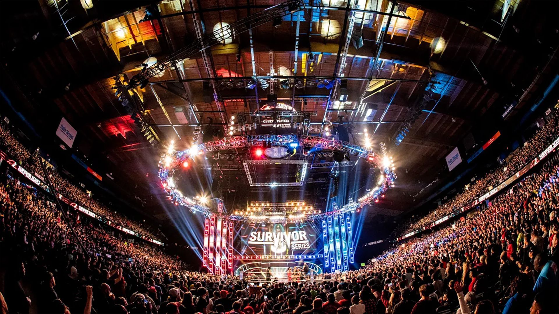 The WWE Survivor Series logo and set on display in arena