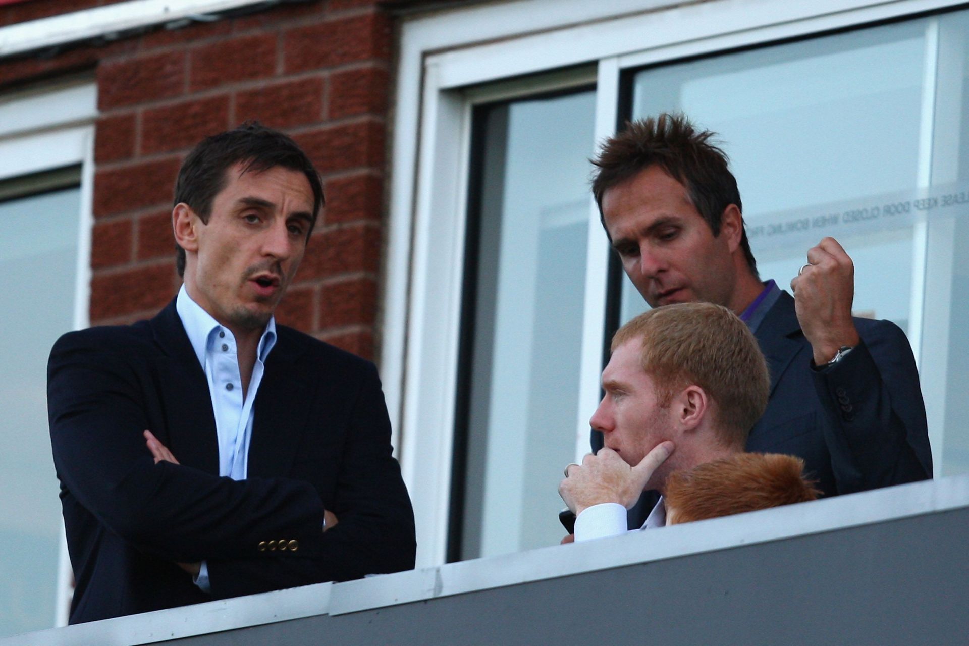Gary Neville (left), Michael Vaughan (centre) and Paul Scholes (right) at a T20 international between England and Australia