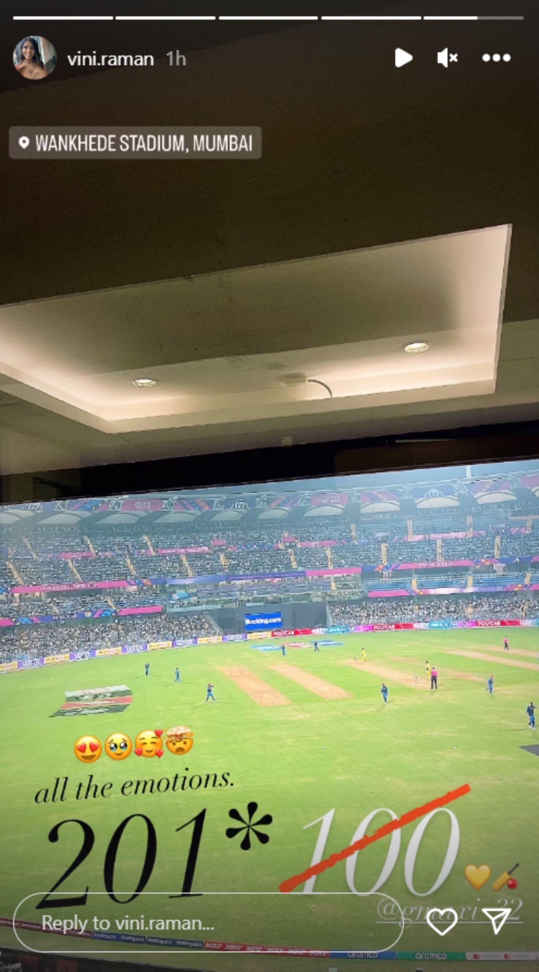 Vini Raman&#039;s Instagram story after Glenn Maxwell&#039;s double-century on Tuesday.