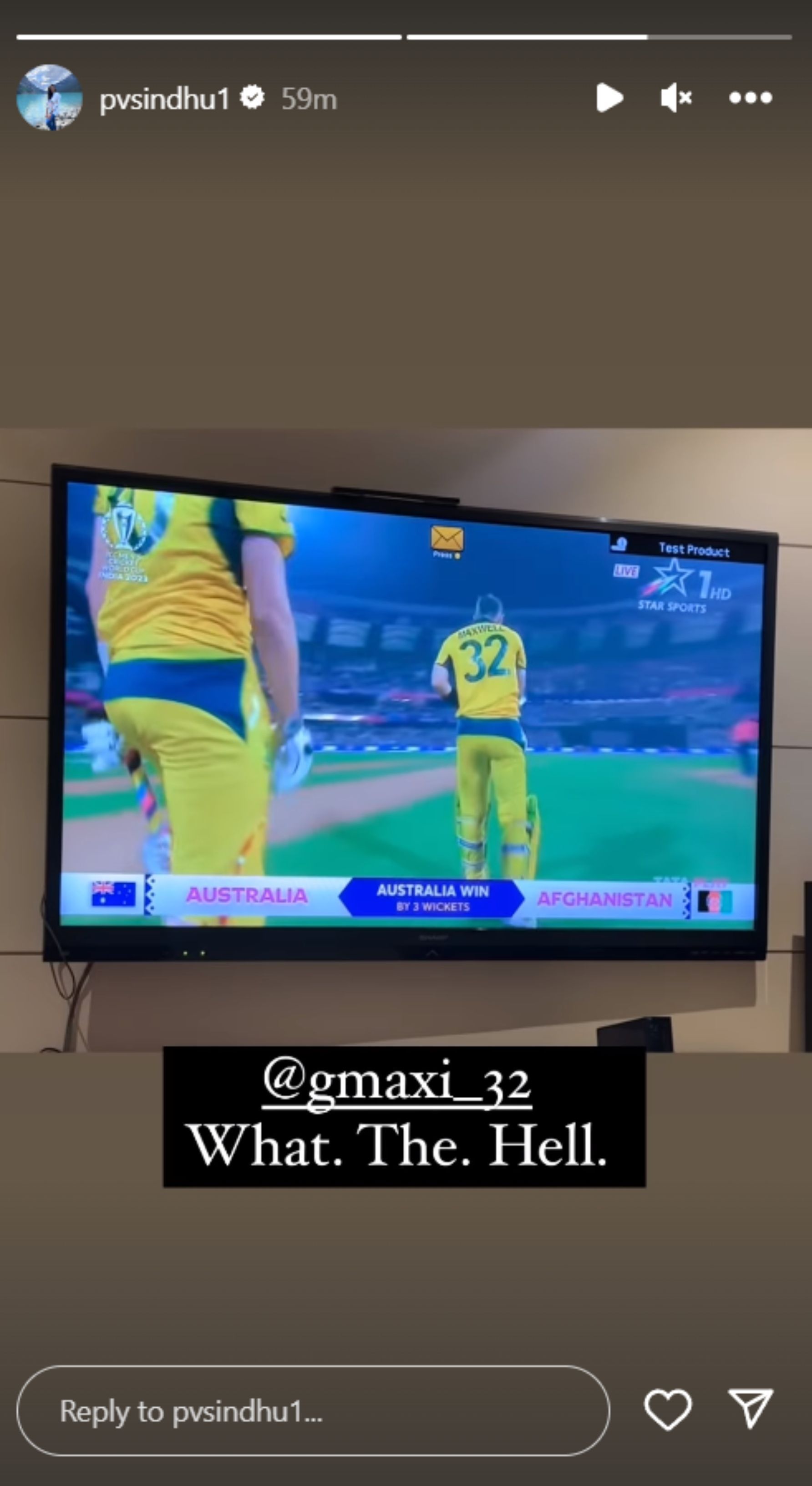 PV Sindhu&#039;s Instagram story about Glenn Maxwell after his match-winning double-century against Afghanistan on Tuesday.