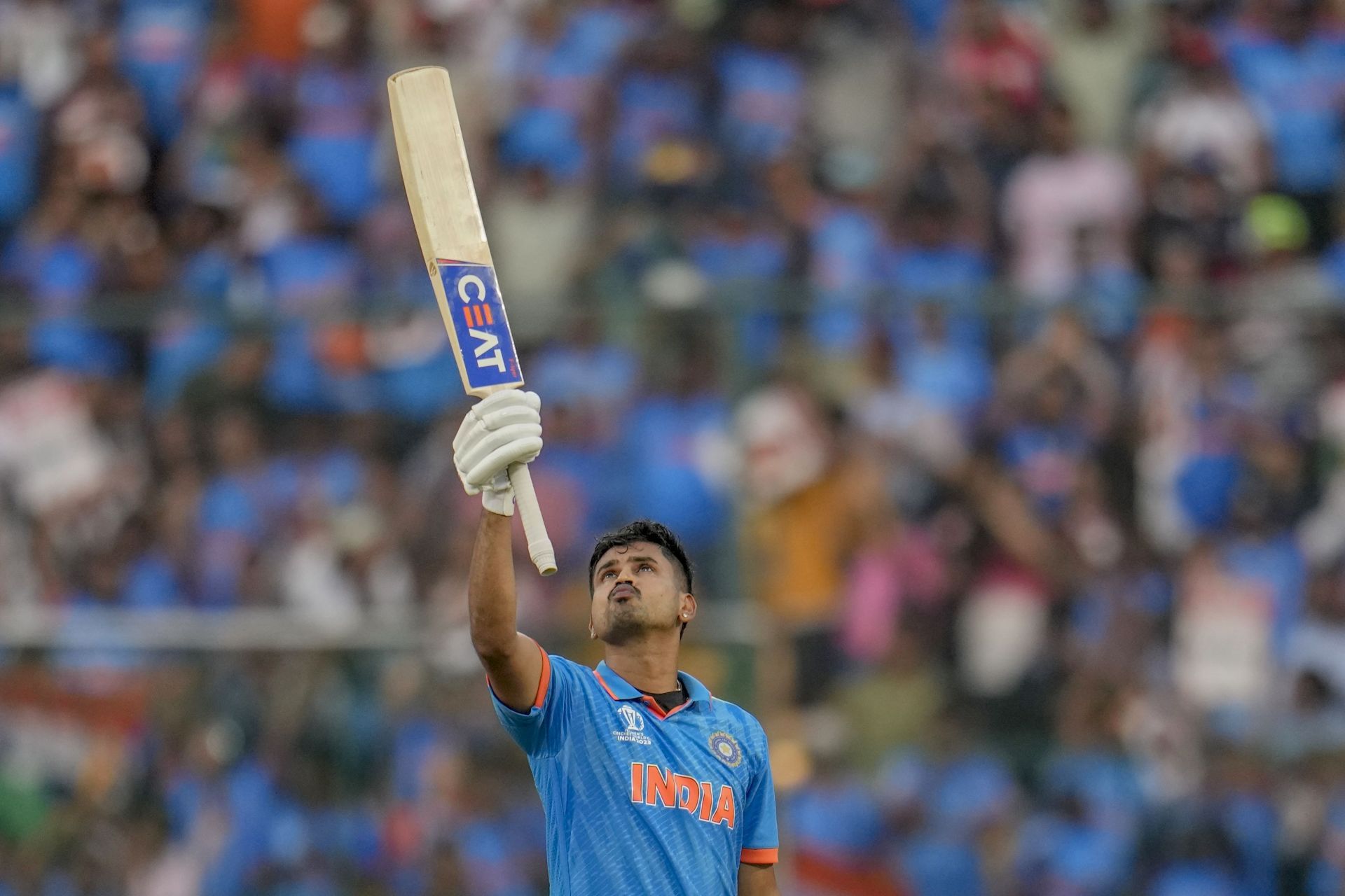 Shreyas Iyer after his maiden ODI WC hundred [Getty Images]
