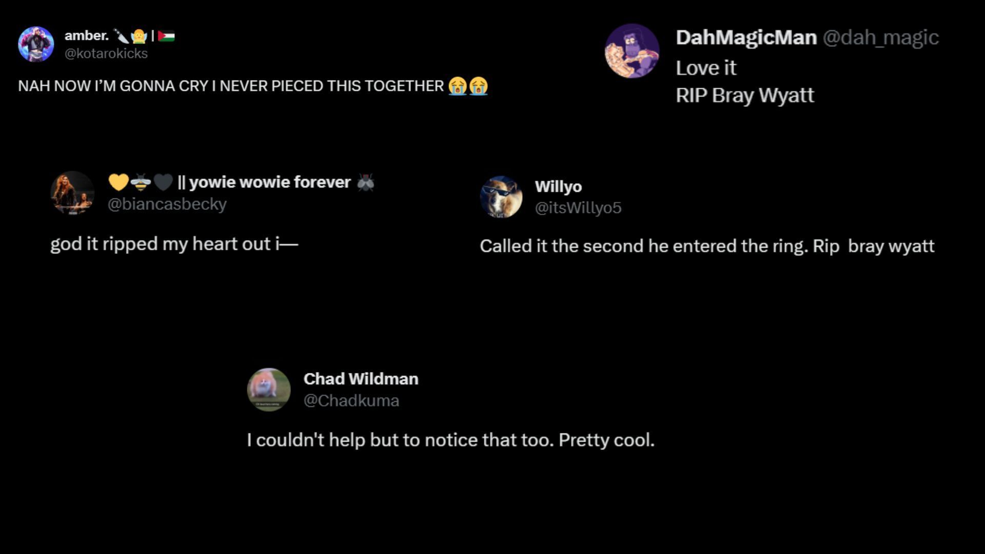 Screenshot of fans&#039; reactions to Swerve Strickland paying tribute to Bray Wyatt.