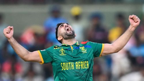 Tabraiz Shamsi celebrates after picking one of his wickets against Pakistan. (Pic: Getty)