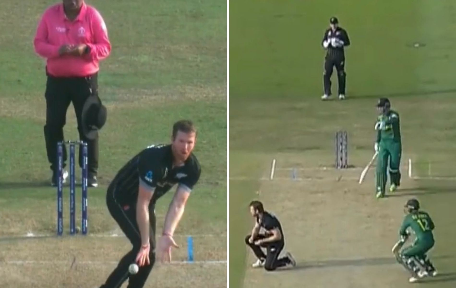 Jimmy Neesham (L) dropped Rassie van der Dussen in 36th over. (Pics: ICC/Instagram)