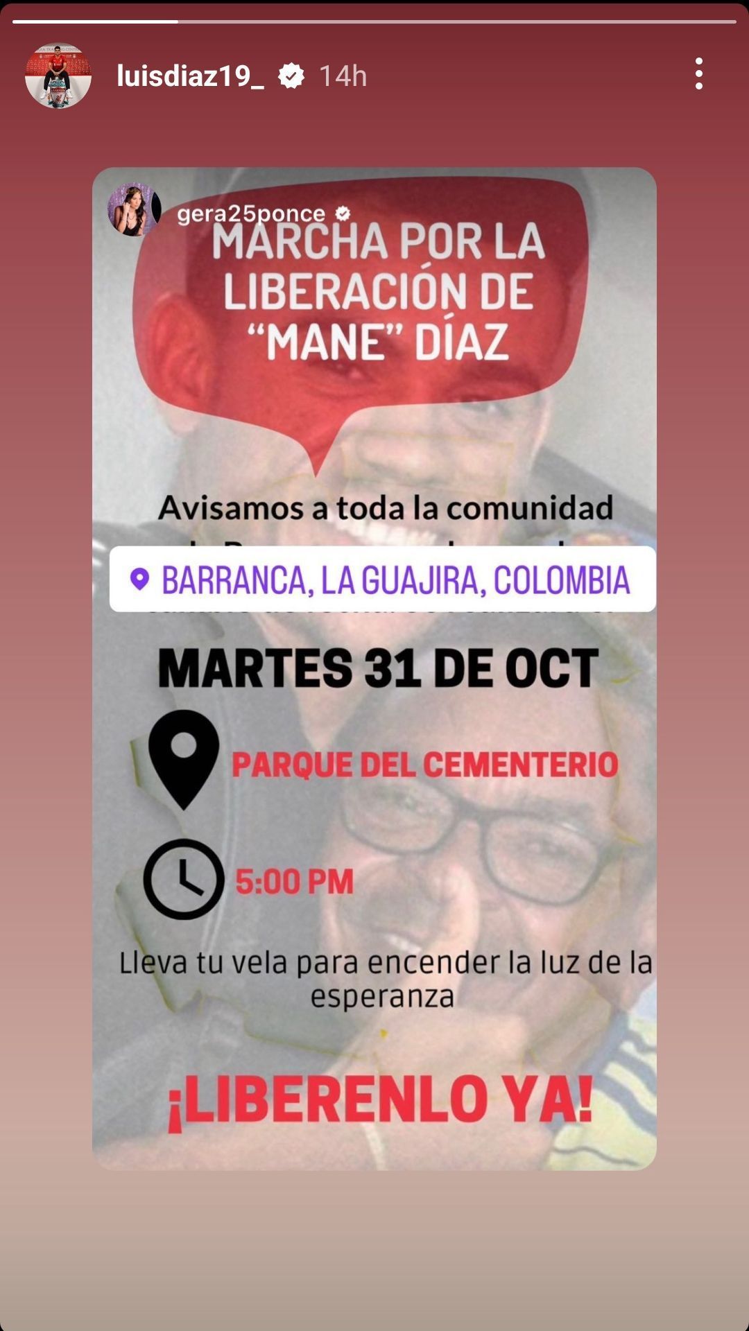 Luis Diaz&#039;s Instagram story calling people to join the march