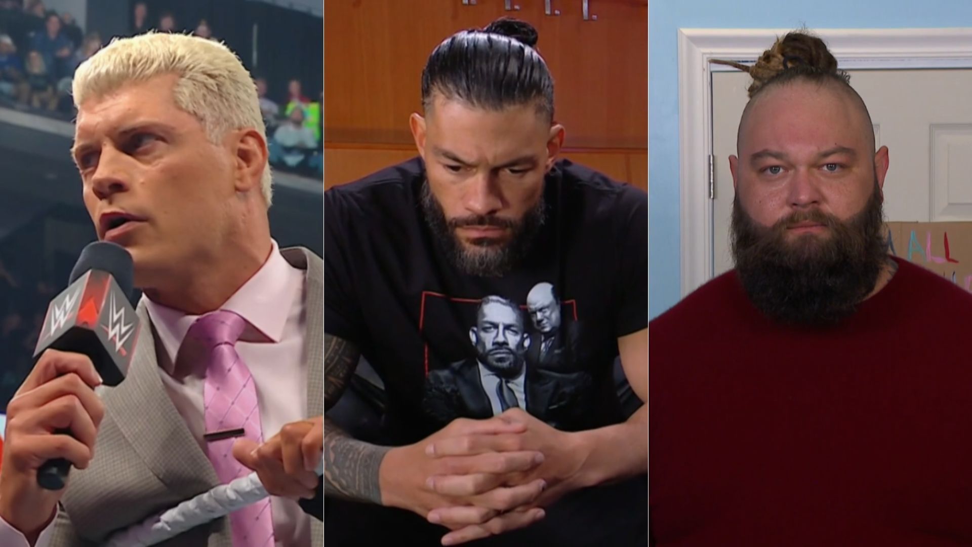 Cody Rhodes (left); Roman Reigns (center); Bray Wyatt (right)