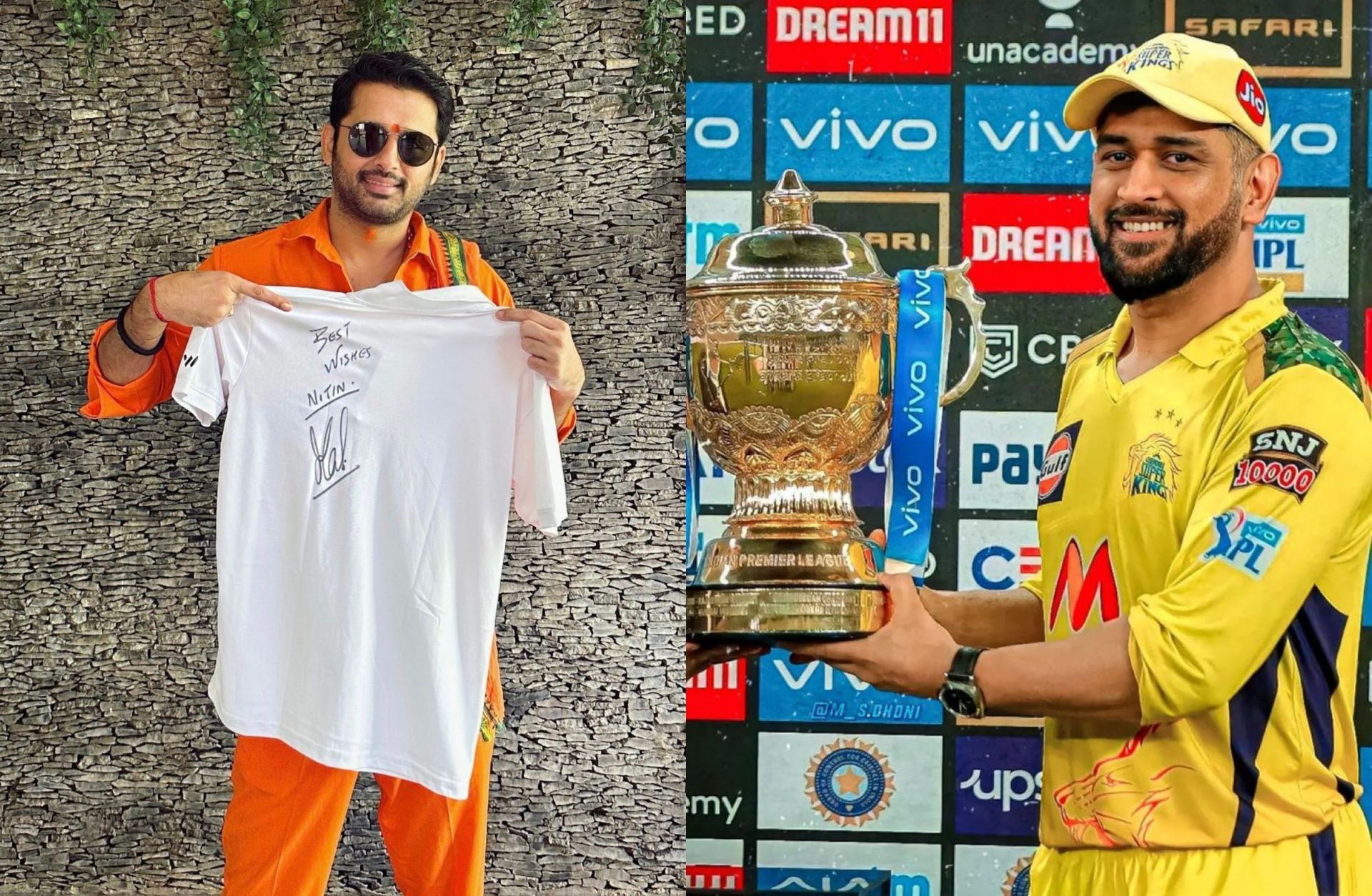 Telugu actor Nithiin with a T-shirt signed by MS Dhoni. 