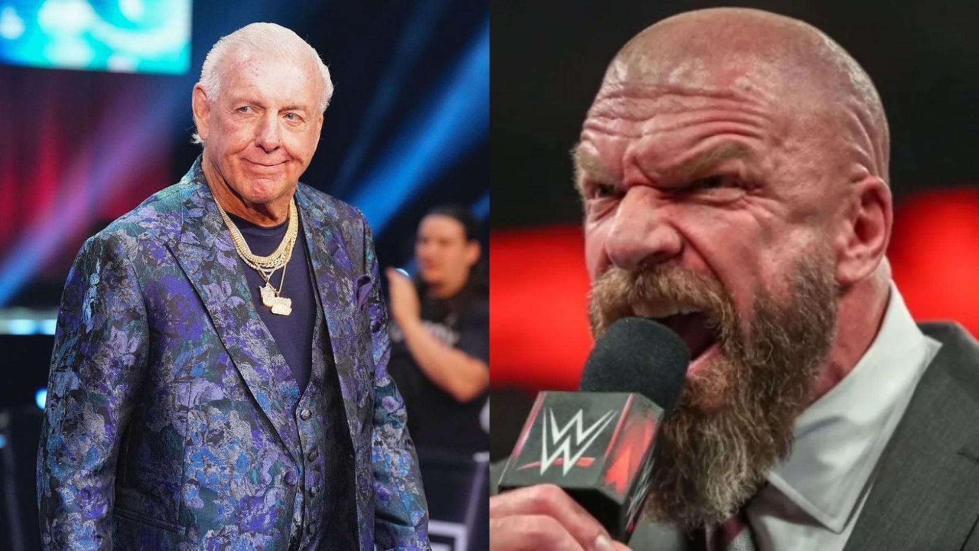 AEW star Ric Flair (left) and WWE CCO Triple H (right)