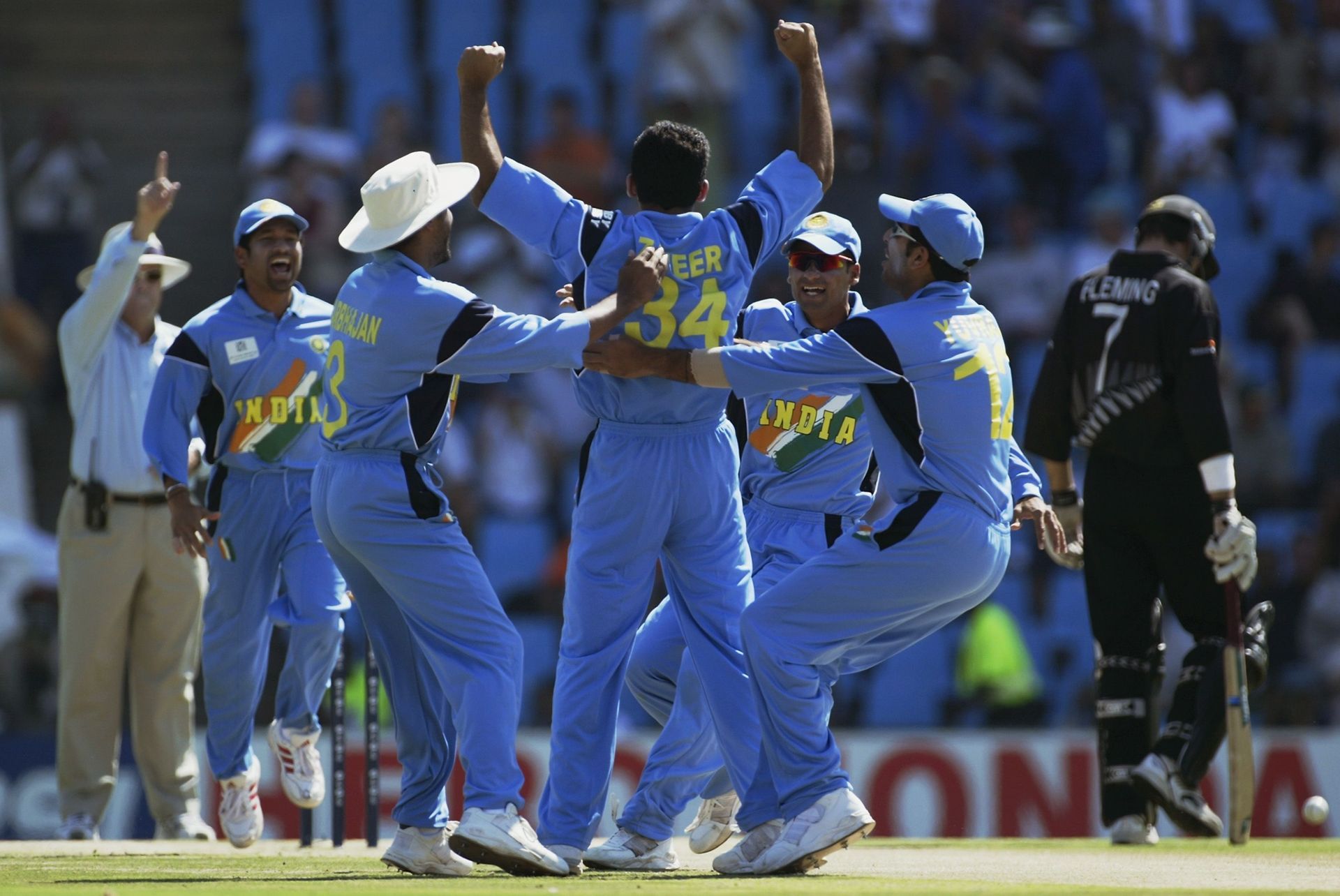 Zaheer Khan of India celebrates the wicket of Nathan Astle of New Zealand