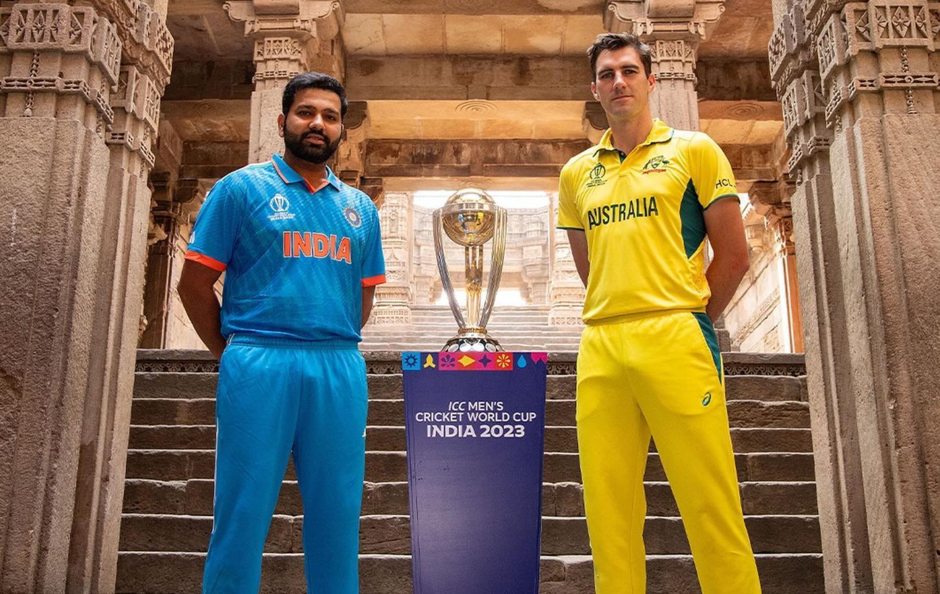 Rohit Sharma (L) and Pat Cummins (R) with the 2023 World Cup trophy. (Pic: X)