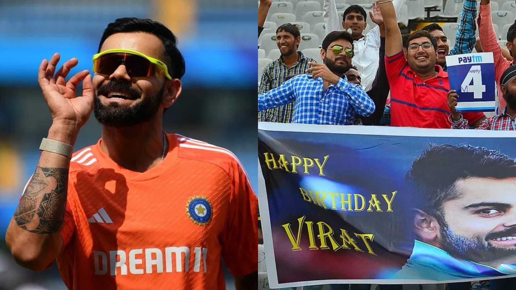 Virat Kohli (L) and a birthday poster for him in Mohali in 2015.