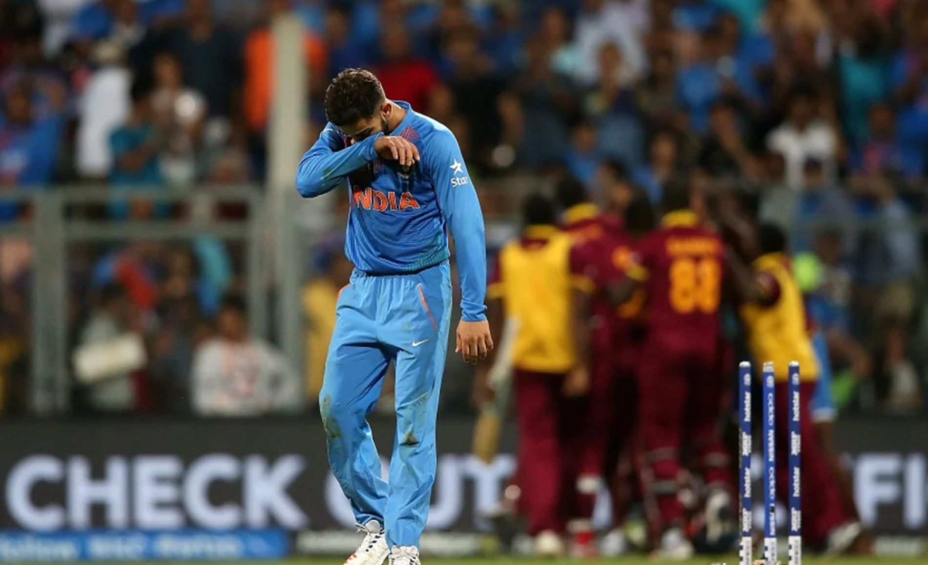 An emotional Virat Kohli after India's semi-final loss in the 2016 T20 World Cup.