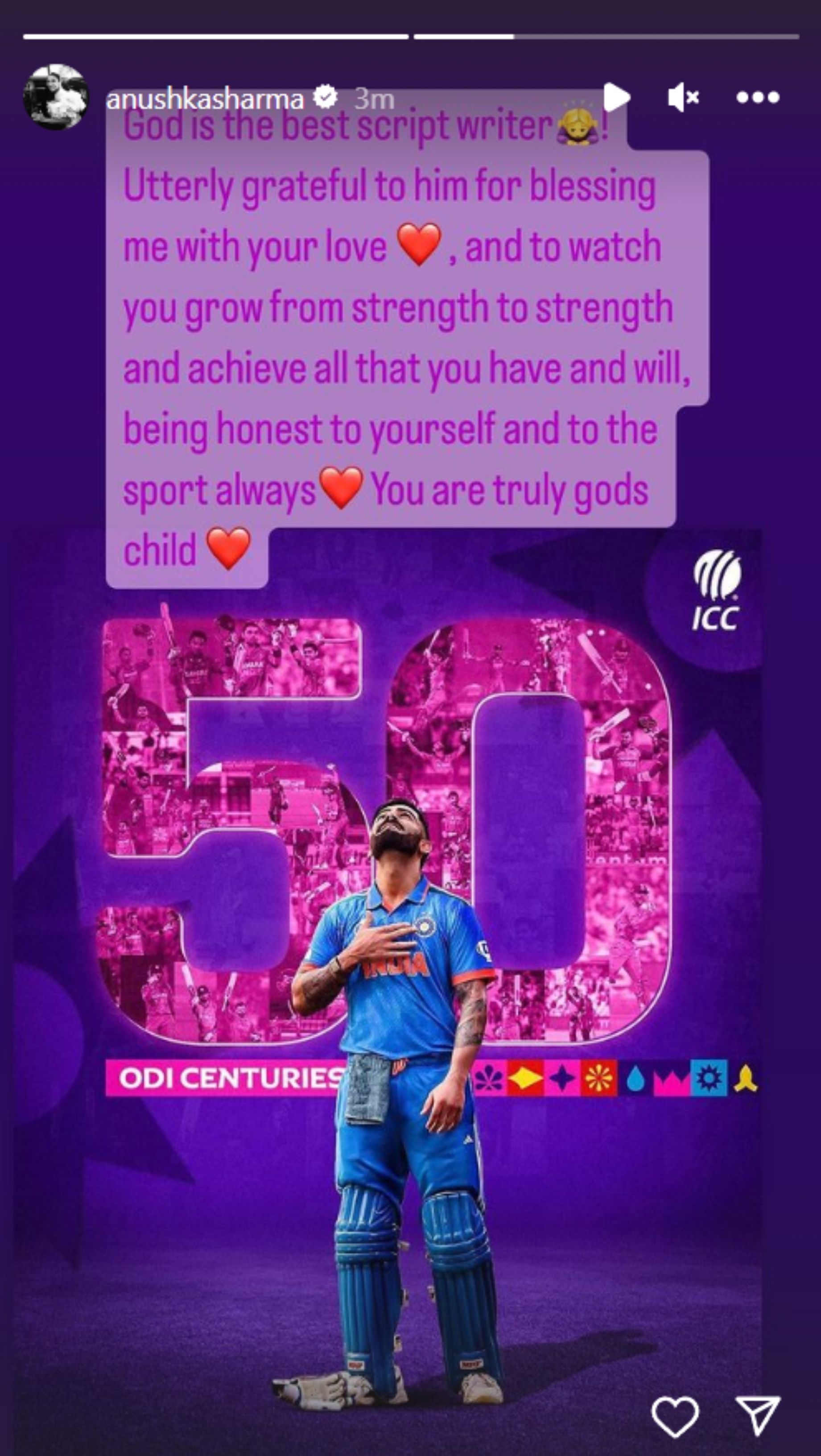 Anushka Sharma&#039;s Instagram story after Kohli&#039;s century on Wednesday.