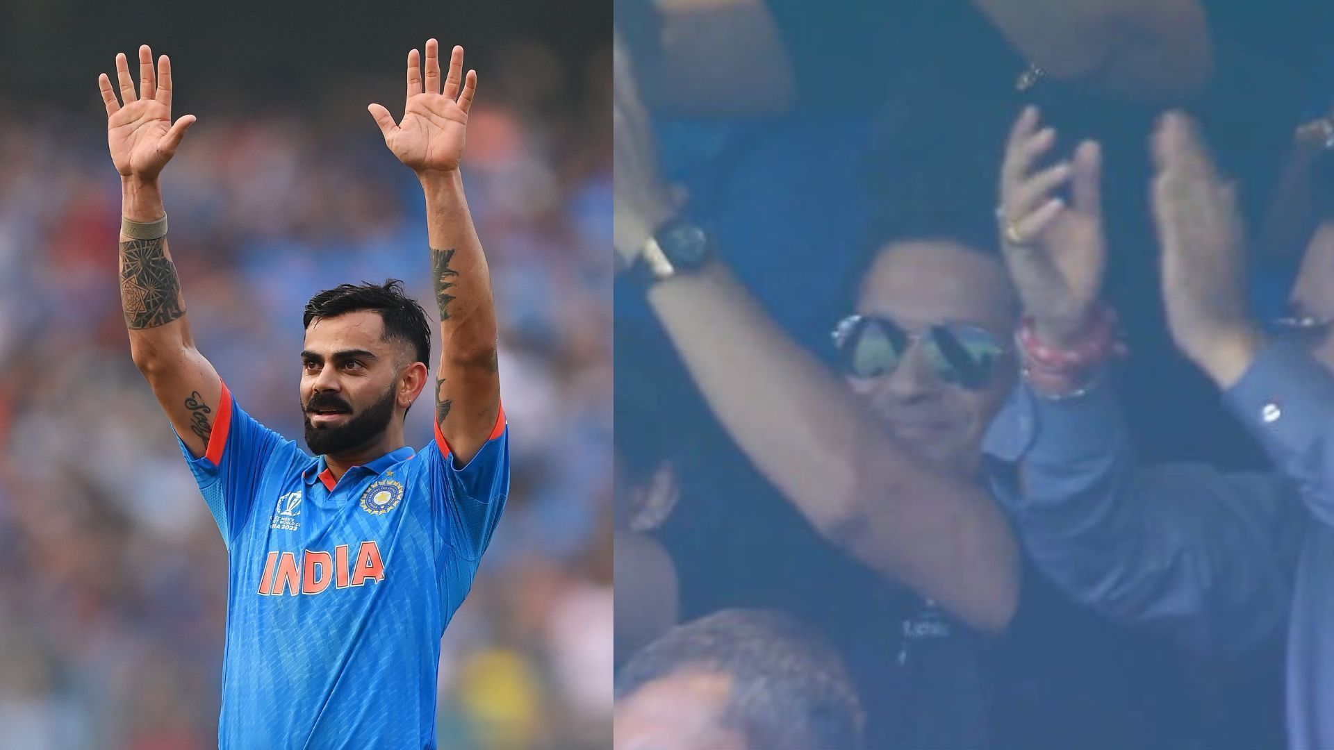 Virat Kohli celebrating his century with Sachin Tendulkar in attendance (P.C.: ICC &amp; BCCI)