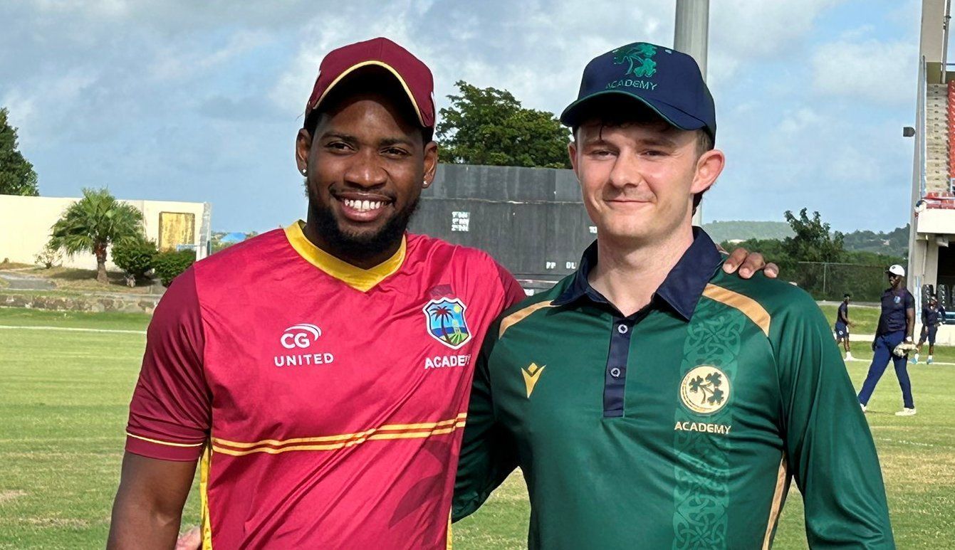 West Indies Emerging captain Nyeem Young and Emerging Ireland skipper Stephen Doheny. (Image via CWI Media)