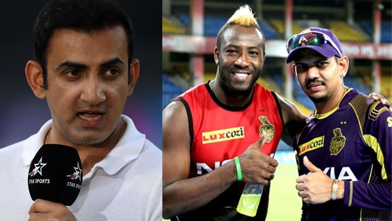 Gautam Gambhir, Andre Russell and Sunil Narine (R).