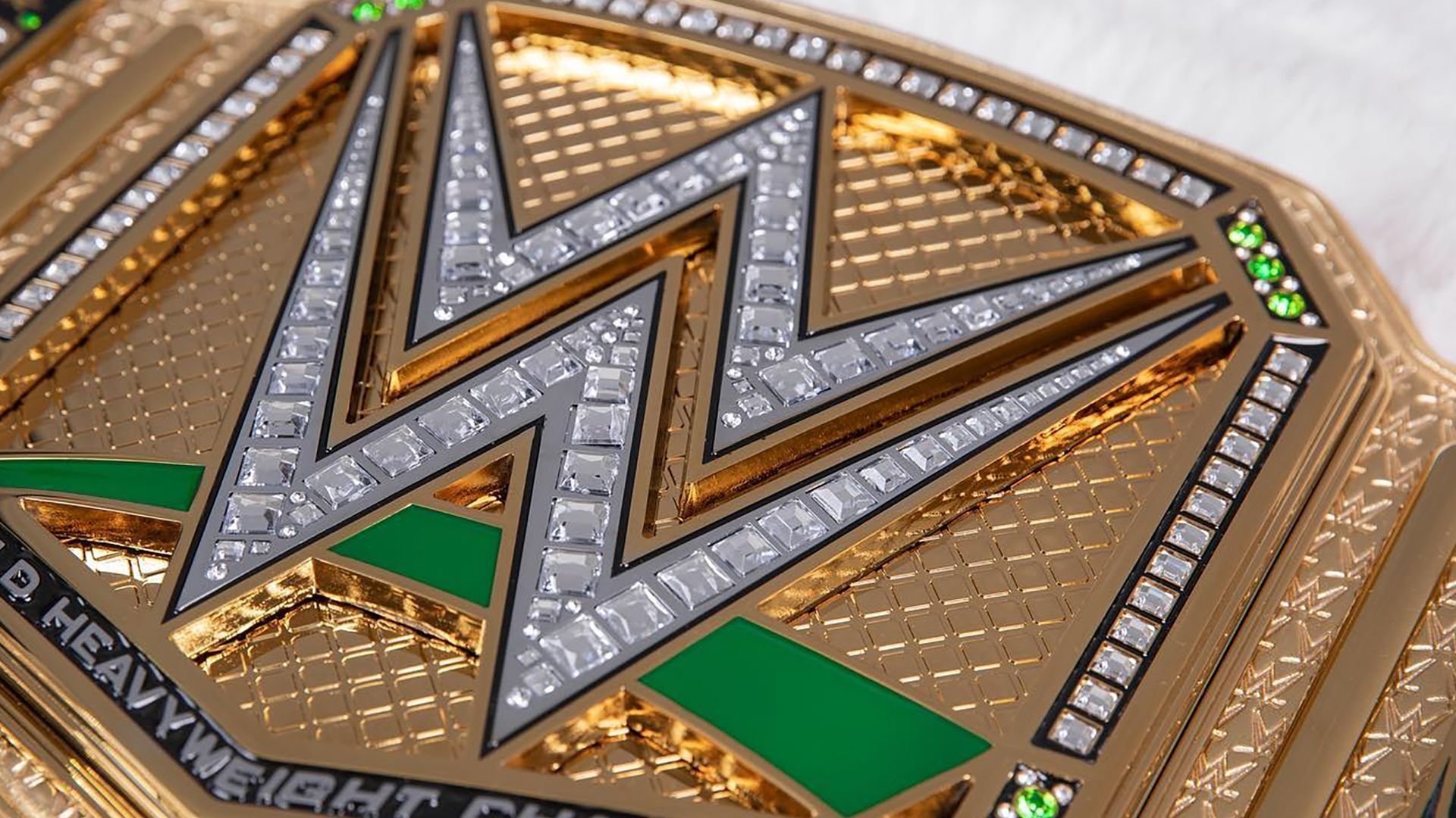 A WWE logo and championship belt face on display