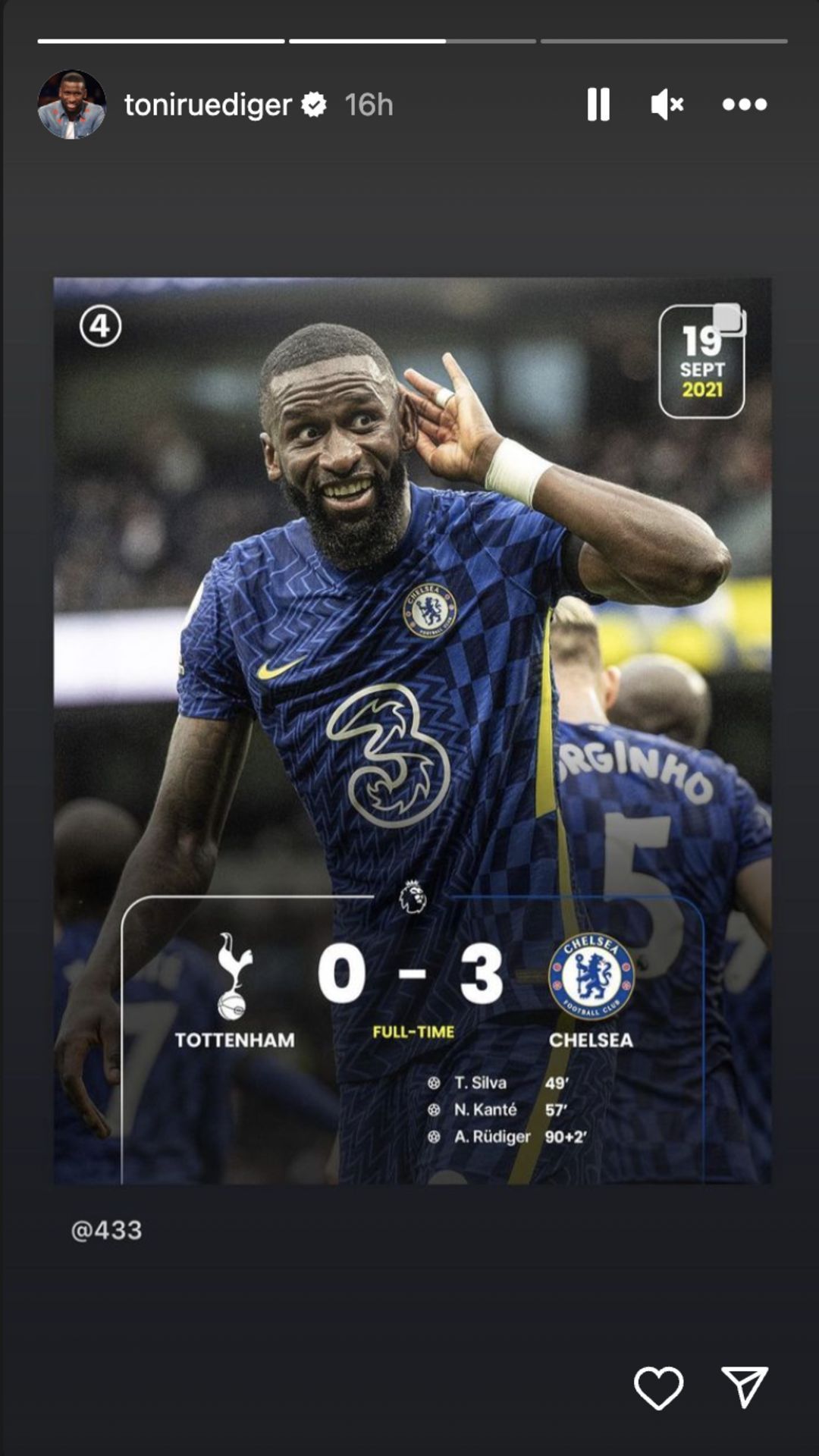 Antonio Rudiger scored the final goal in Chelsea&#039;s 3-0 drubbing of Tottenham in 2021