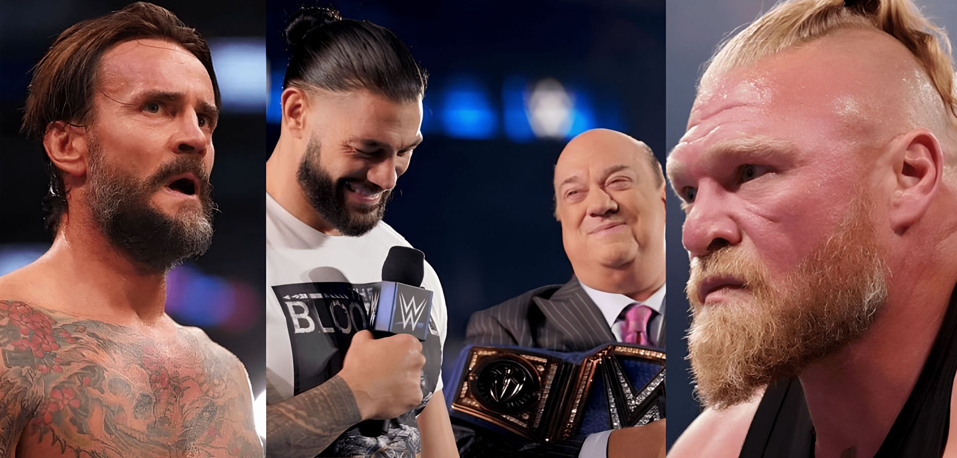 CM Punk(left), Paul Heyman with Roman Reigns(middle), Brock Lesnar(right)