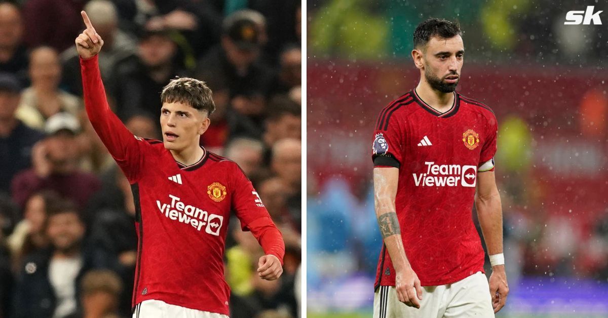 Bruno Fernandes reacts to Manchester United teammate Alejandro Garnacho