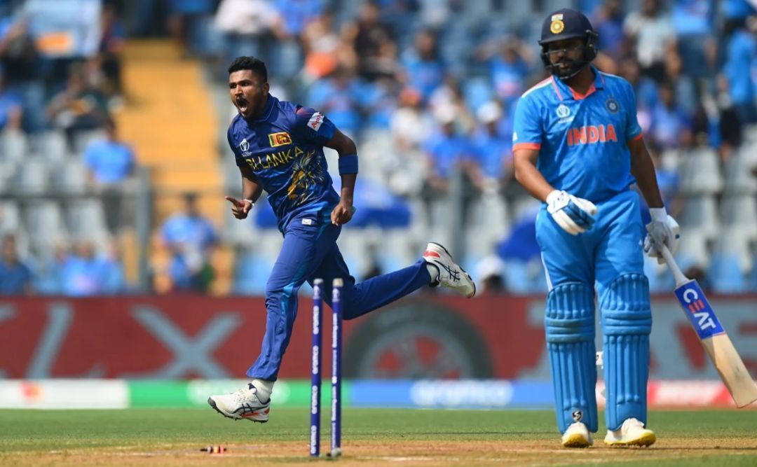 Dilshan Madushanka pumped up after taking Rohit Sharma's wicket. [Getty Images]