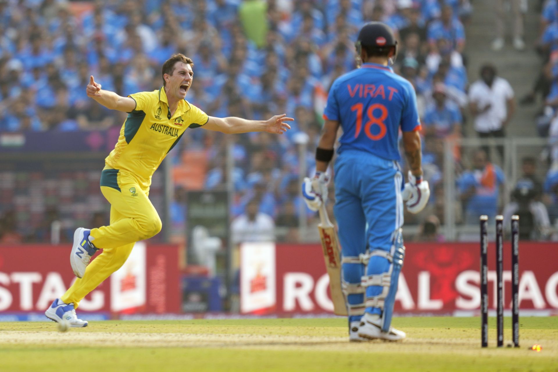 Pat Cummins celebrates the wicket of Virat Kohli. (Pic: AP)