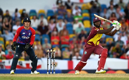 Romario Shepherd batting against England.