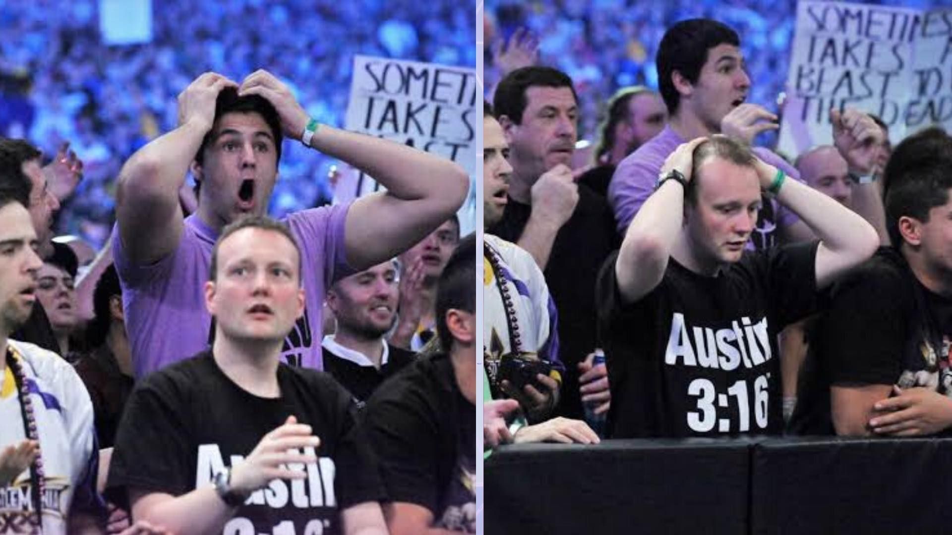 A shot of wrestling fans looking surprised at a WWE event.