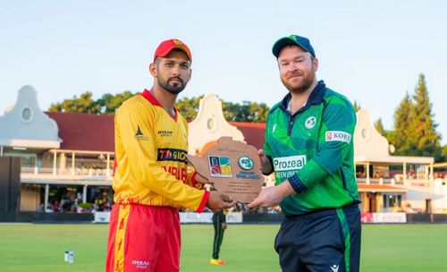 The two captains pose with the Trophy before the T20 series.