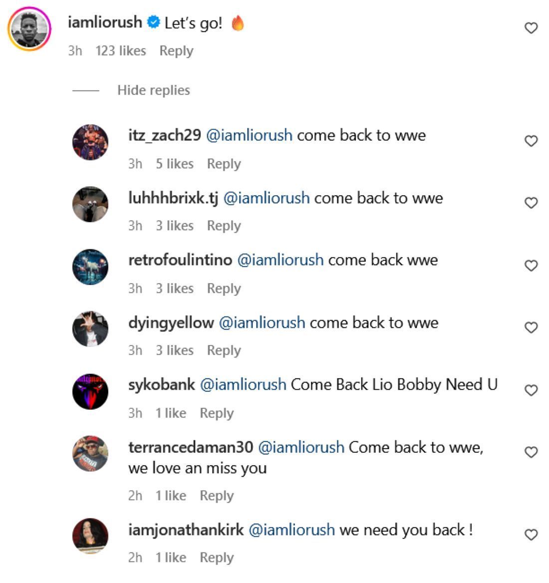 Screenshot of Lio Rush&#039;s Instagram reply to Carmelo Hayes