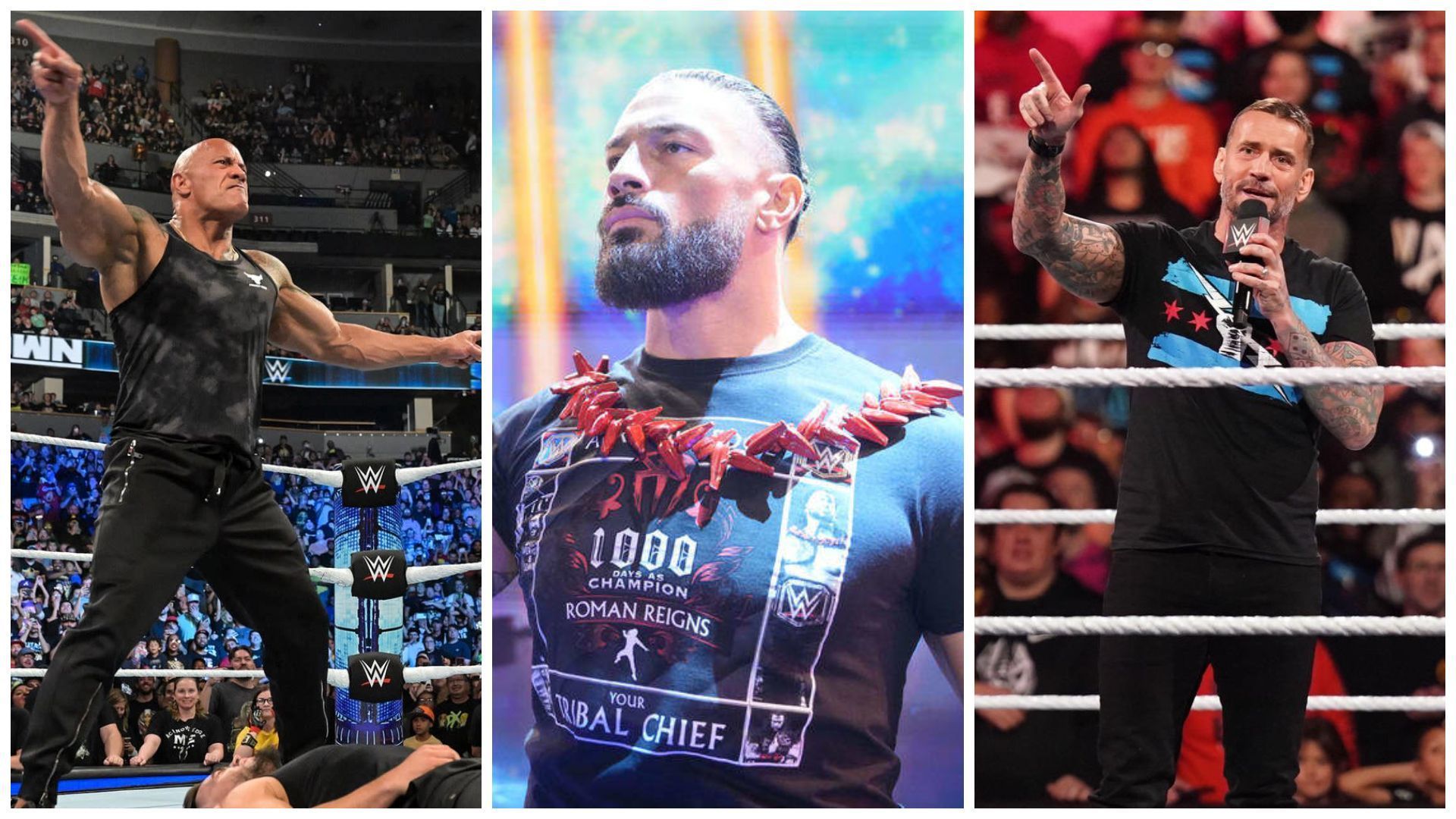 The Rock (left), Roman Reigns (middle), CM Punk (right).