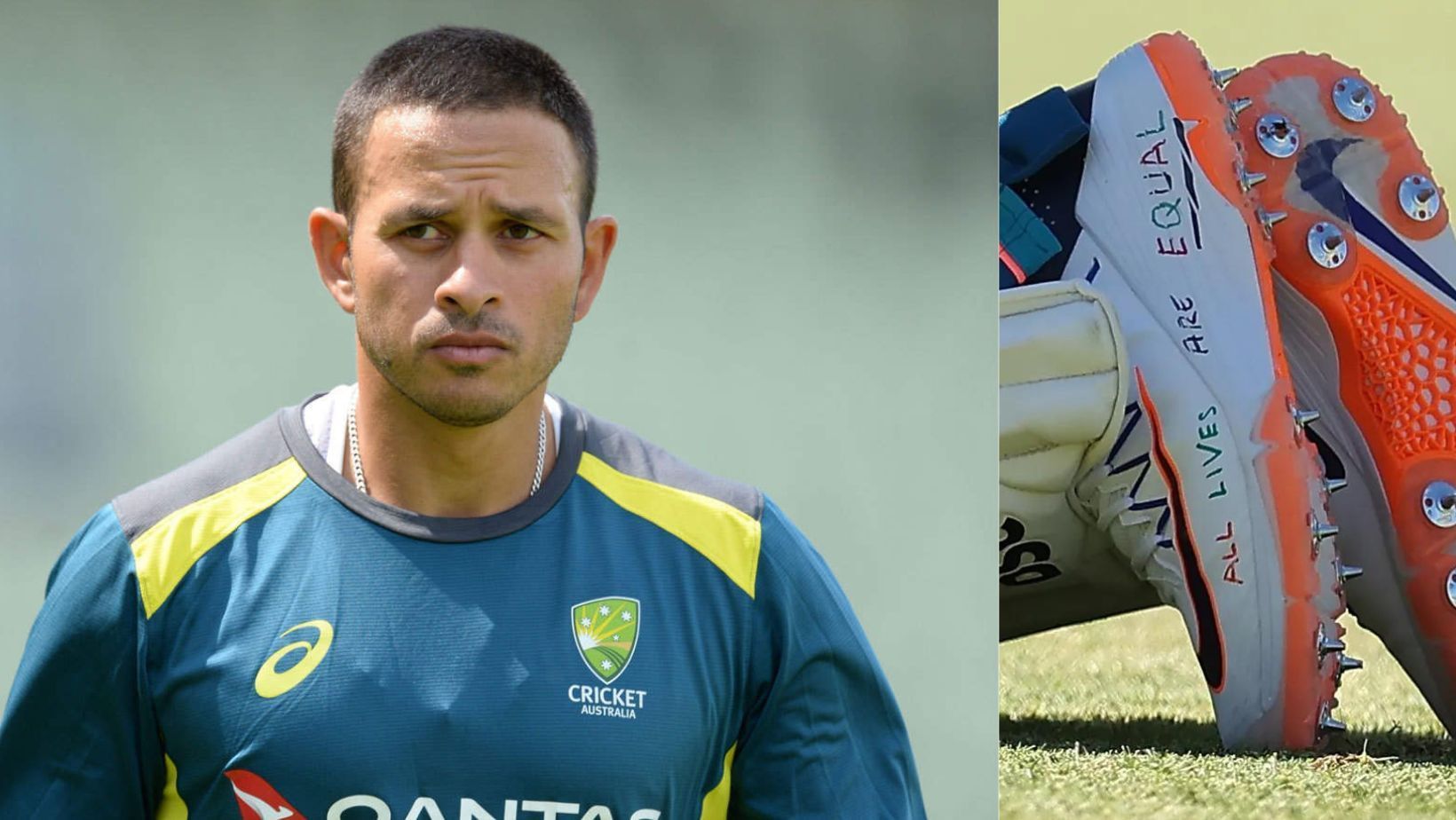 Usman Khawaja and the shoes he was planning to wear (R).