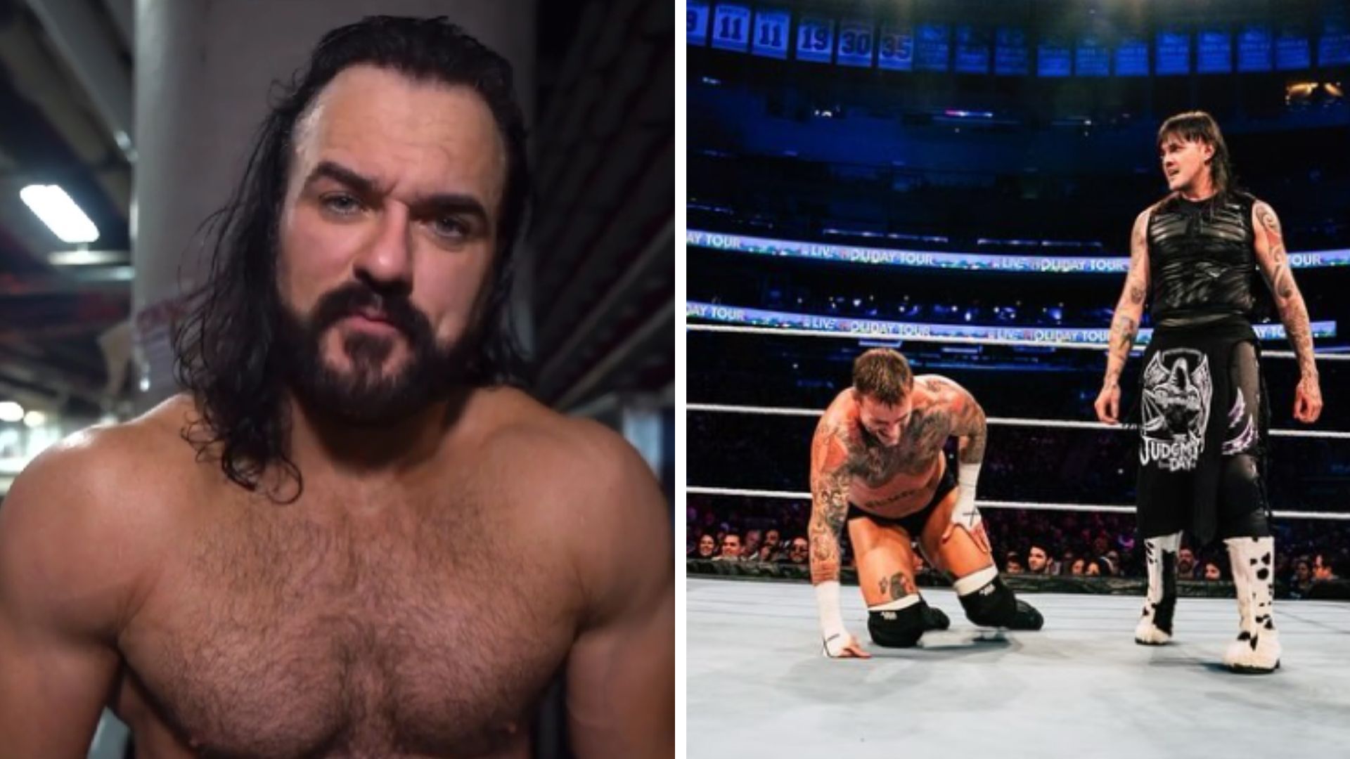 Drew McIntyre on the left, Dominik Mysterio and CM Punk on the right