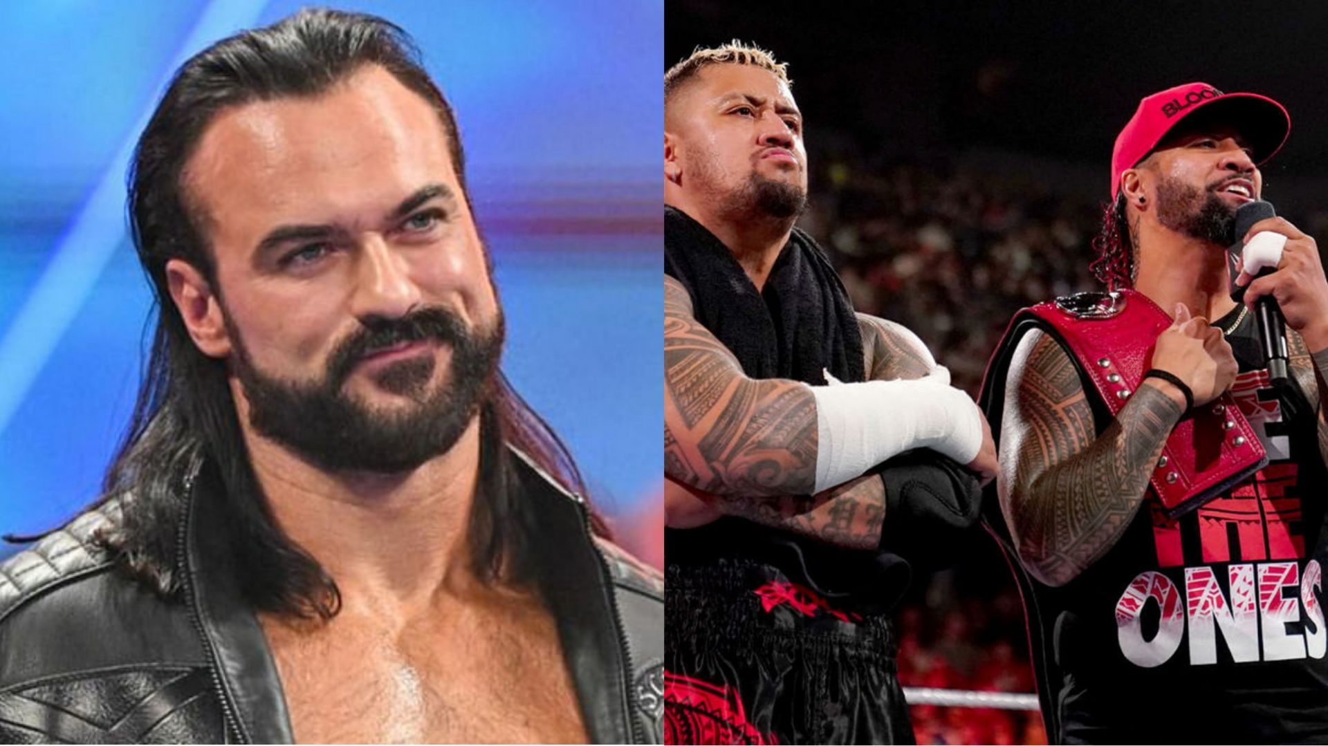 Drew McIntyre (left); Solo Sikoa and Jimmy Uso (right)