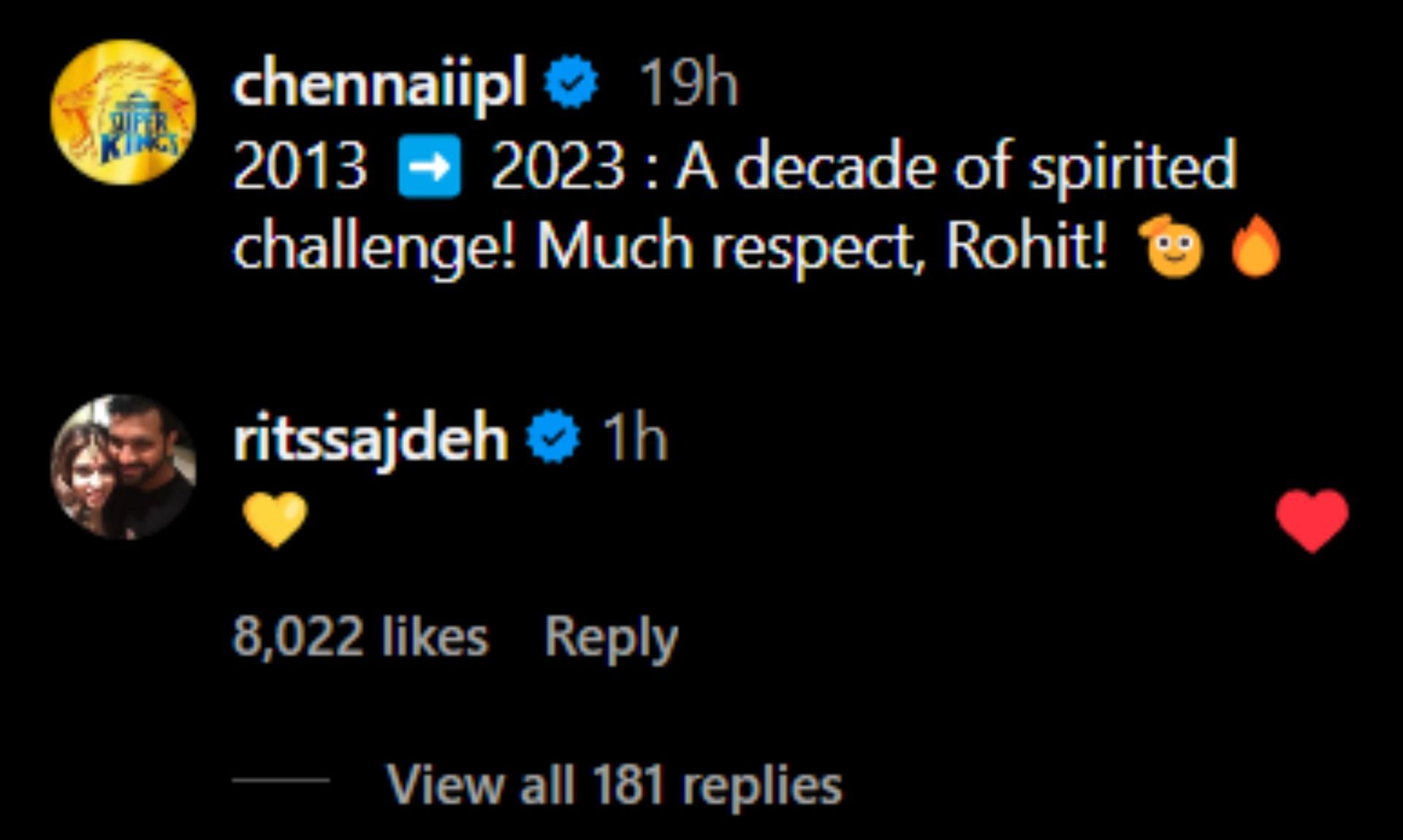 Ritika Sajdeh&#039;s comment on CSK&#039;s Instagram post.