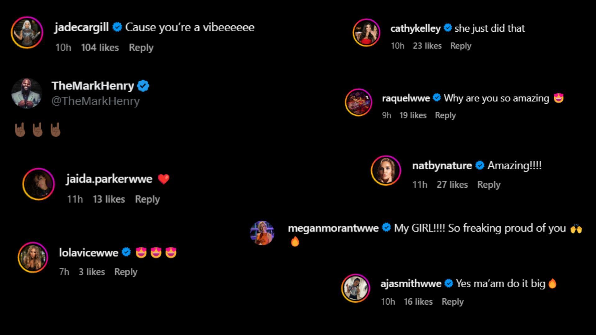 Screenshot of WWE personalities reacting to Samantha Irvin&#039;s post