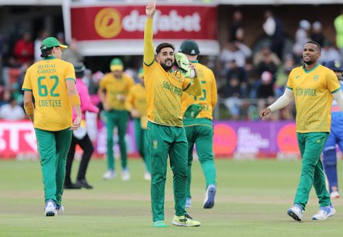 Tabraiz Shamsi celebrates the dismissal of Suryakumar Yadav in the second T20I. (Pic: Getty Images)