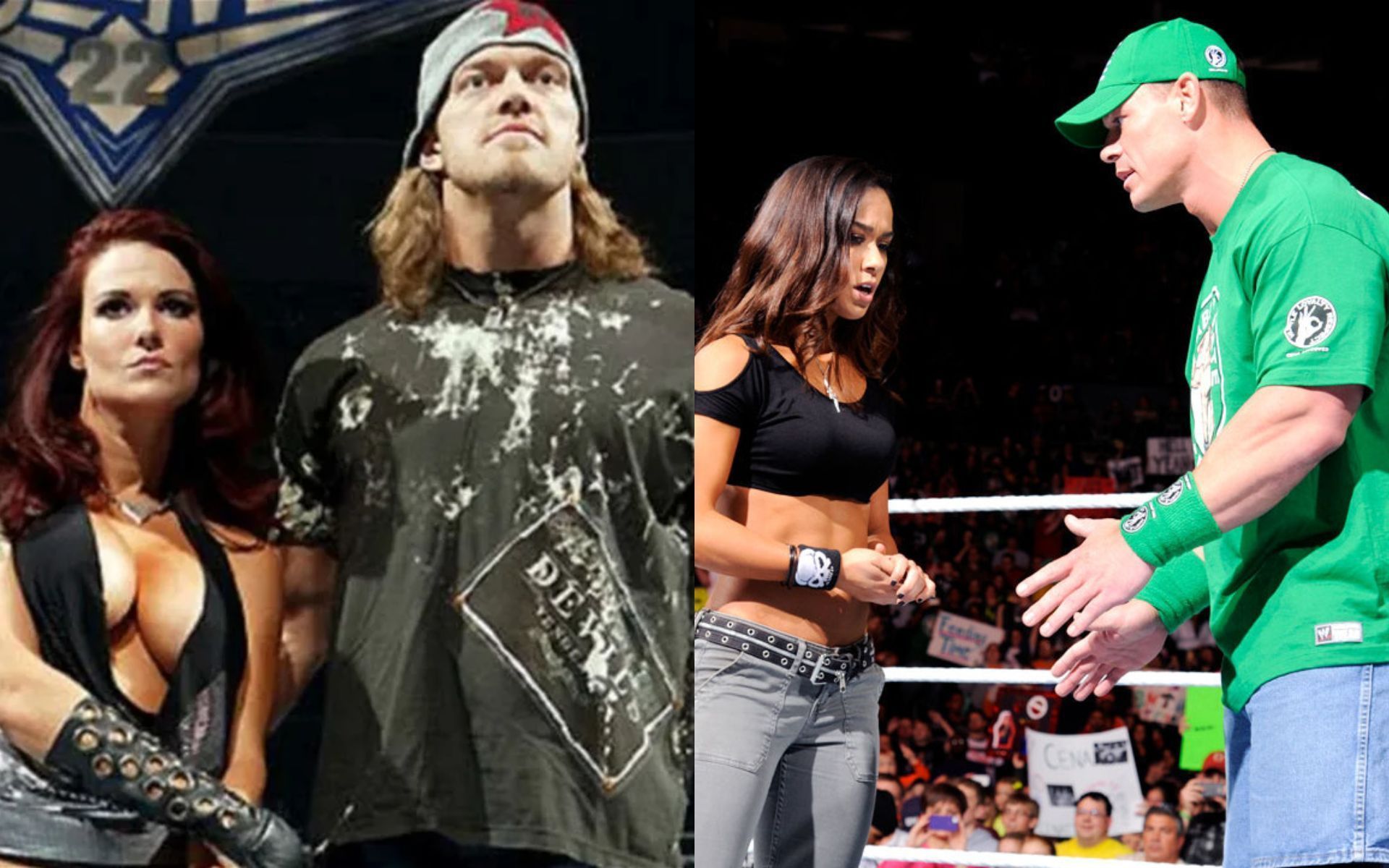 Edge and Lita (L); AJ Lee and John Cena (R).