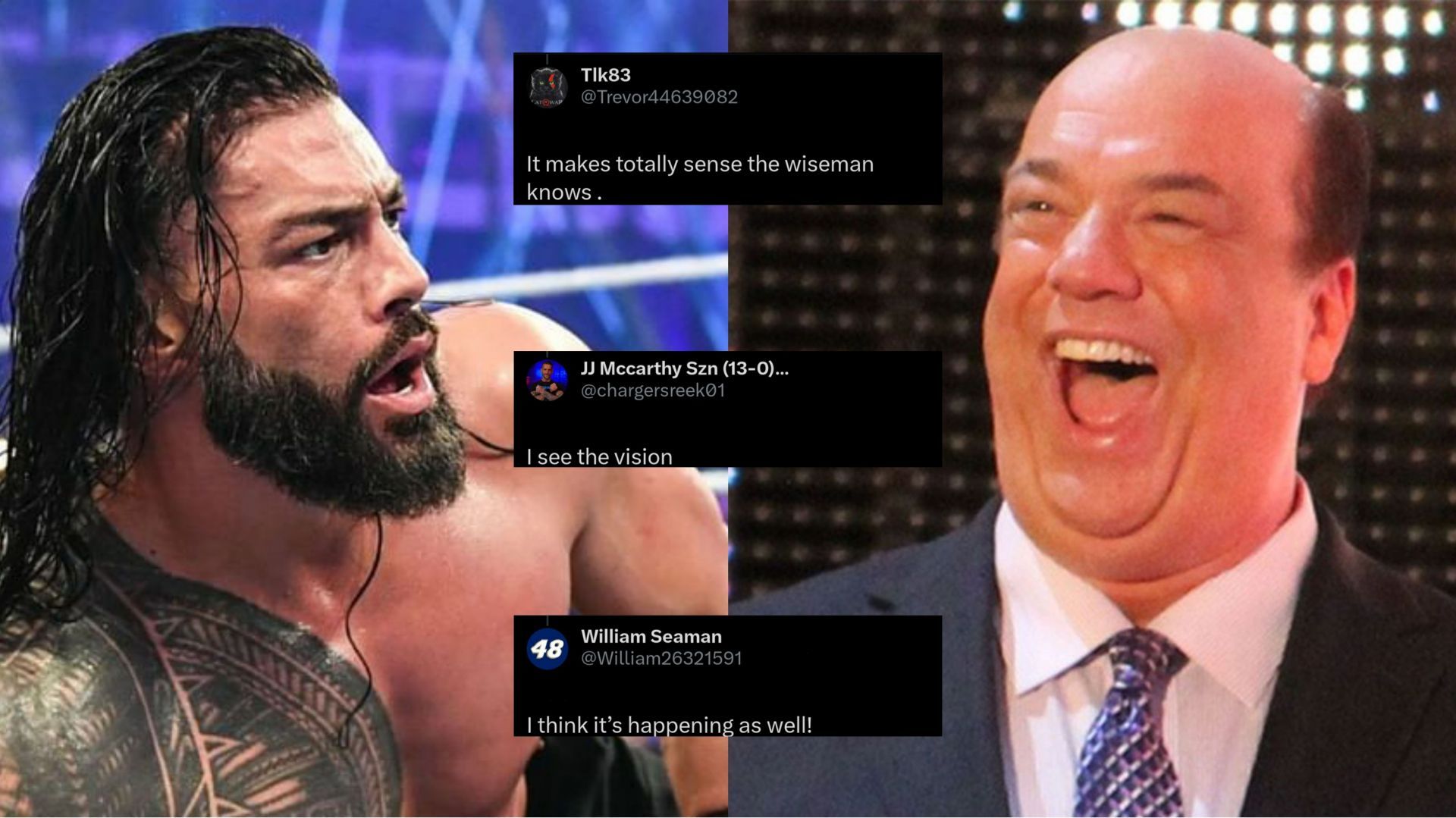 Roman Reigns (left); Paul Heyman (right)