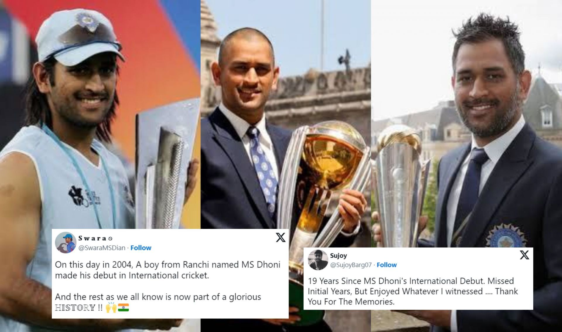 Fans hail MS Dhoni on 19th anniversary of his international cricket debut.