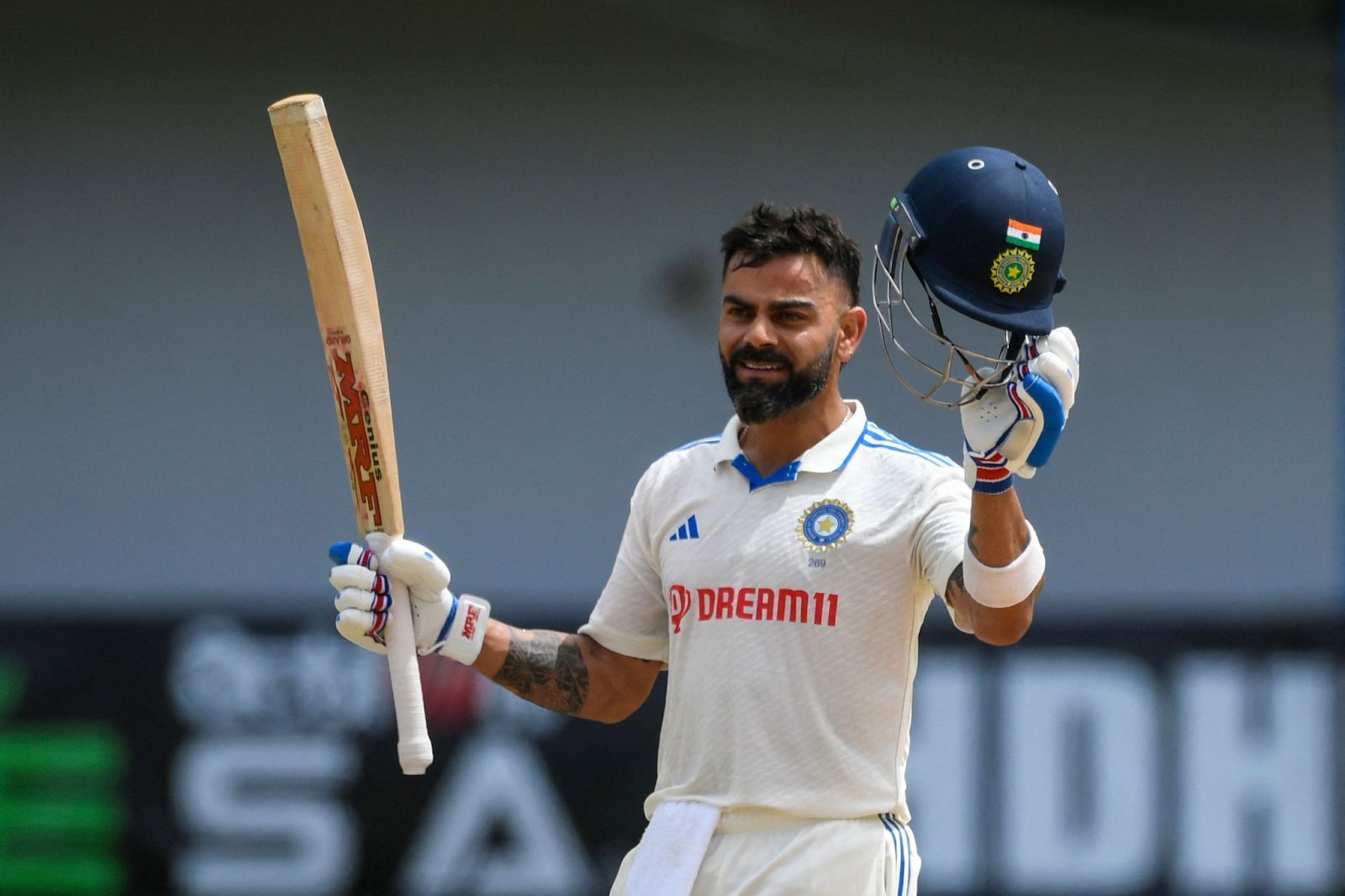 Virat Kohli after scoring a century at Port of Spain (Credits: icc-cricket.com)