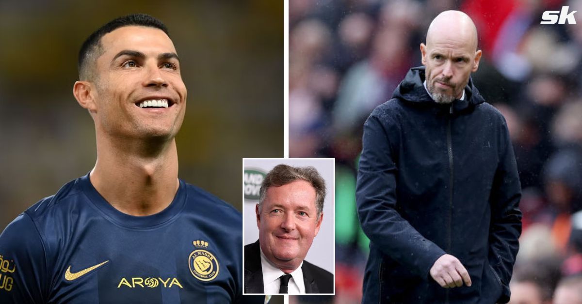 Former Manchester United striker Cristiano Ronaldo (left), Piers Morgan (inset) and United manager Erik ten Hag