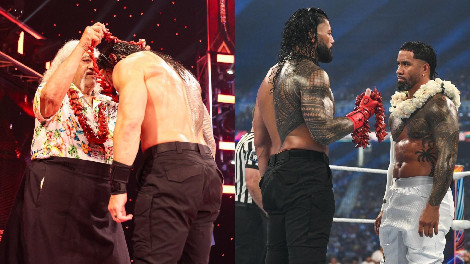 Roman Reigns as the Tribal Chief in 2020 (left) and 2023 (right).
