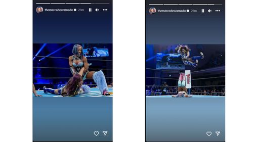 Left: Mercedes Mone and Kairi Sane during their match in NJPW earlier this year; Right: Kairi Sane attempting the Insane Elbow on Mercedes Mone