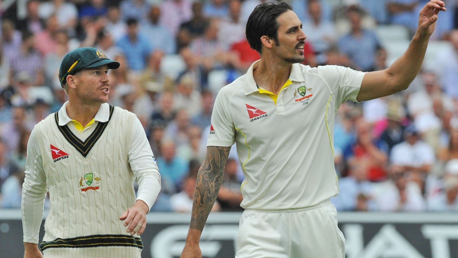 David Warner (L) and Mitchell Johnson (R) (Image via Sky Sports)