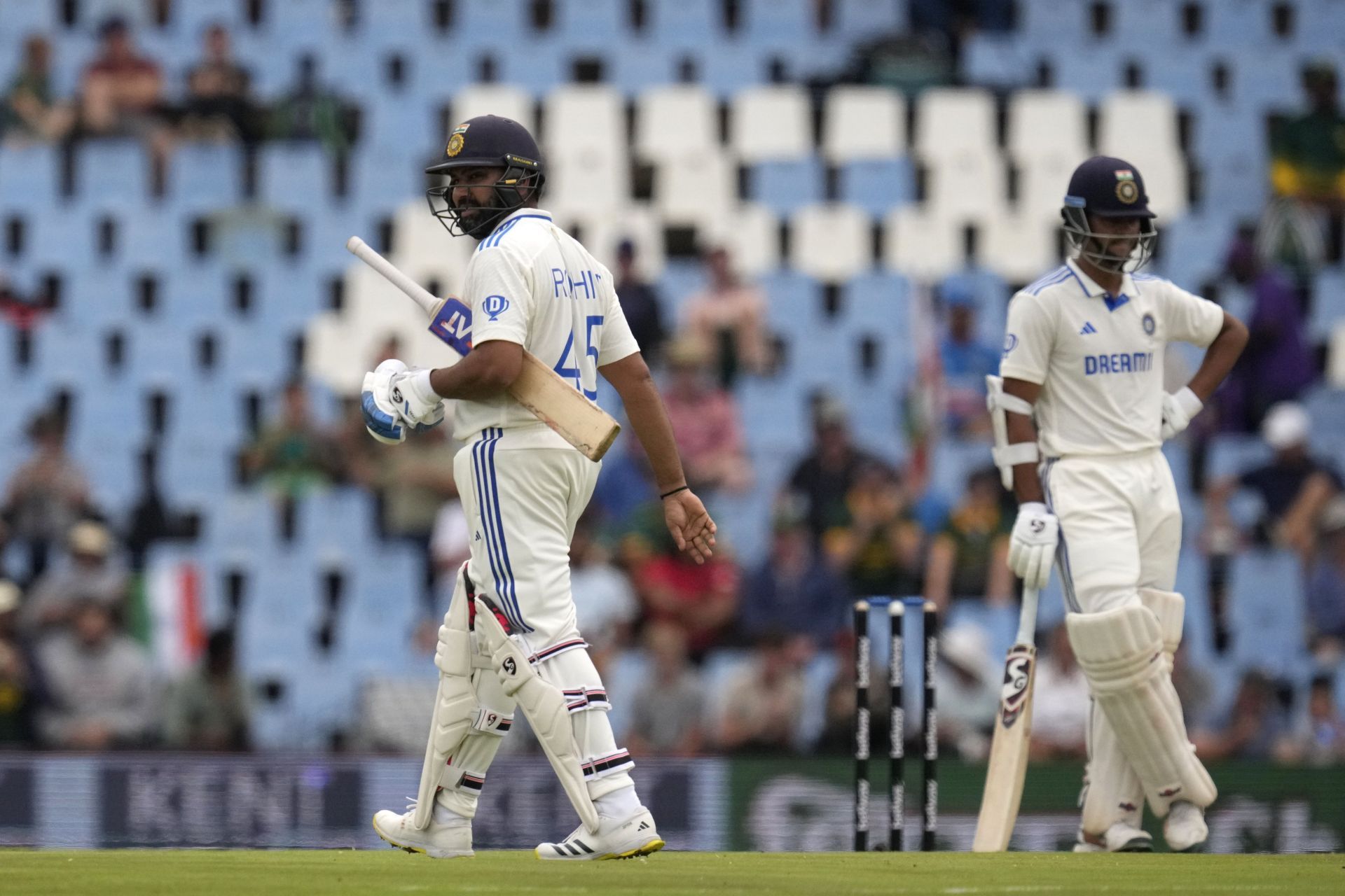 Rohit Sharma (left) was caught at long leg off Kagiso Rabada&#039;s bowling. [P/C: AP]