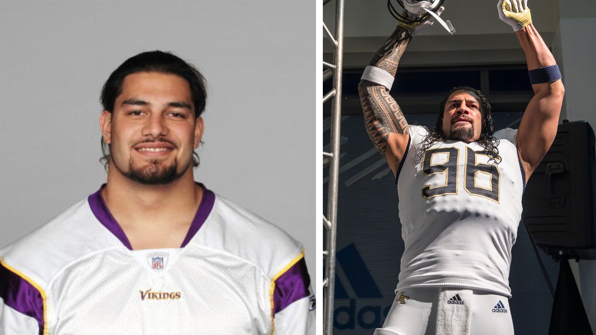 Roman in the uniform of the Minnesota Vikings and Yellow Jackets, respectively