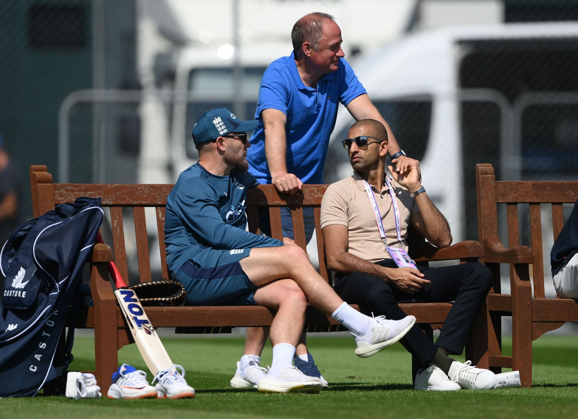 England coach Brendon McCullum chats with David Humphreys, Director of Cricket Operations and Mo Bobat, performance director (R) during Ashes 2023 (Pic: Getty Images)