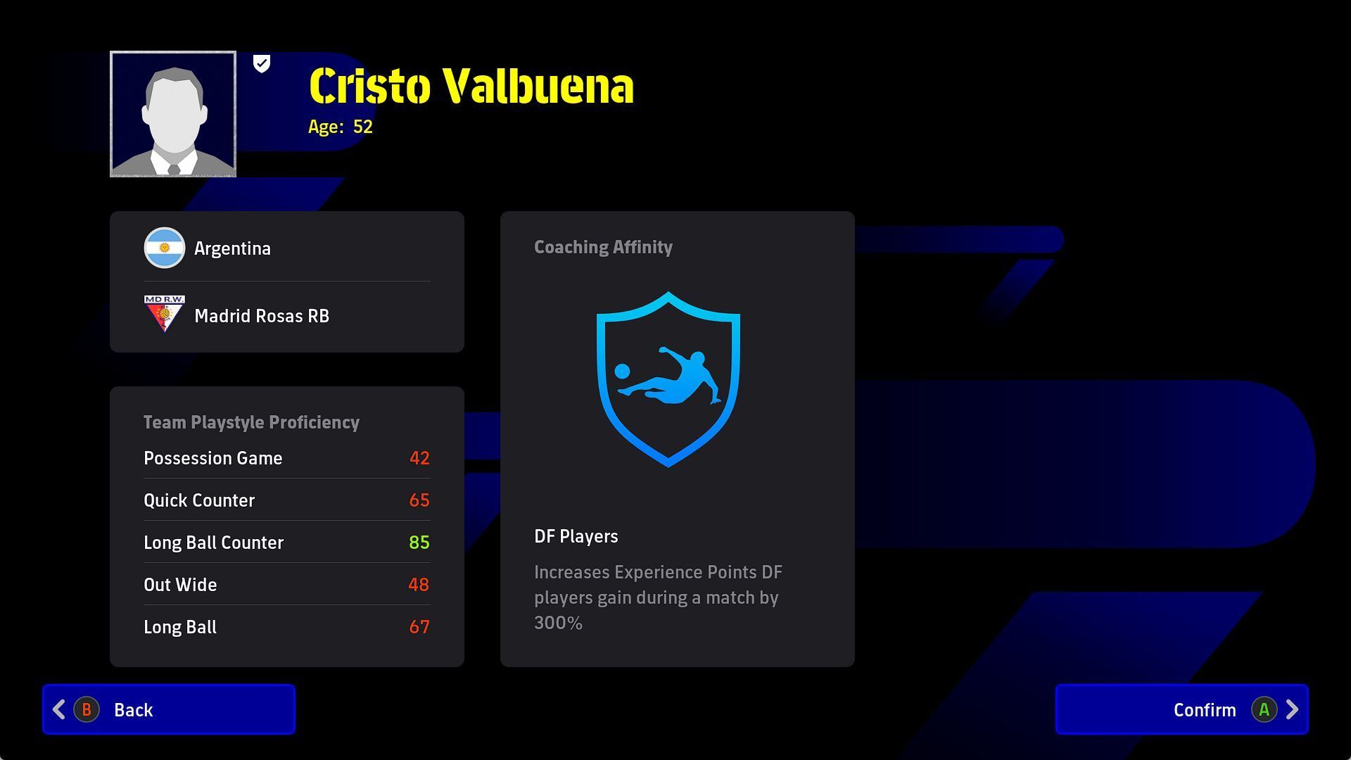 Managers with the ability to play Long-Ball Counter is ideal as the defensive line falls back to maintain shape. Cristo Valbuena is the best base option.