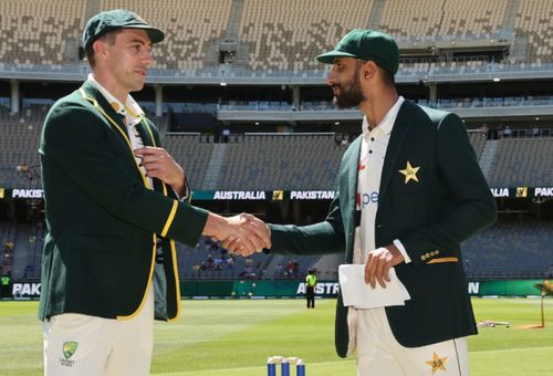 The two captains shake hands before the first Test.